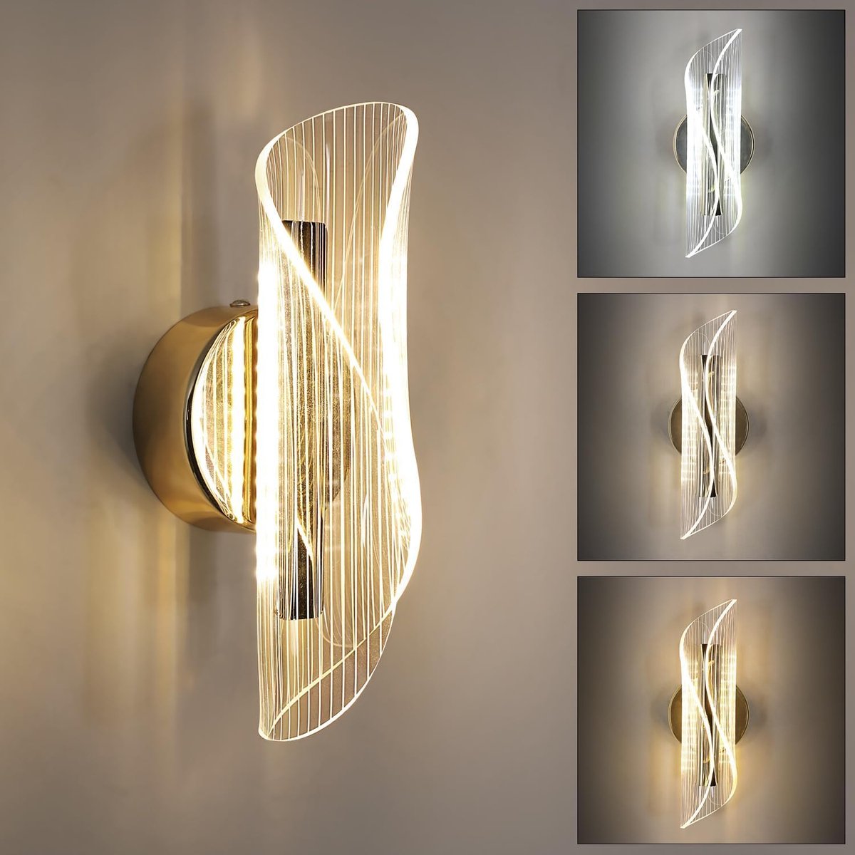 LED-Muurlamp Indoor Modern, 16W Acryl LED-Muurlamp met Verstelbare Kleurtemperatuur, Gouden Muurlamp Muurverlichting voor Kinderkamer Woonkamer Slaapkamer Hal Trap, 3000K-6500K