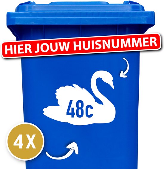 Container Sticker Zwaan met Huisnummer 4 stuks - Kleur: Wit - 12345678910 - Stickers volwassenen - Cijfer stickers - Container stickers - Sticker - Stickers - Cadeau - Kliko stickers