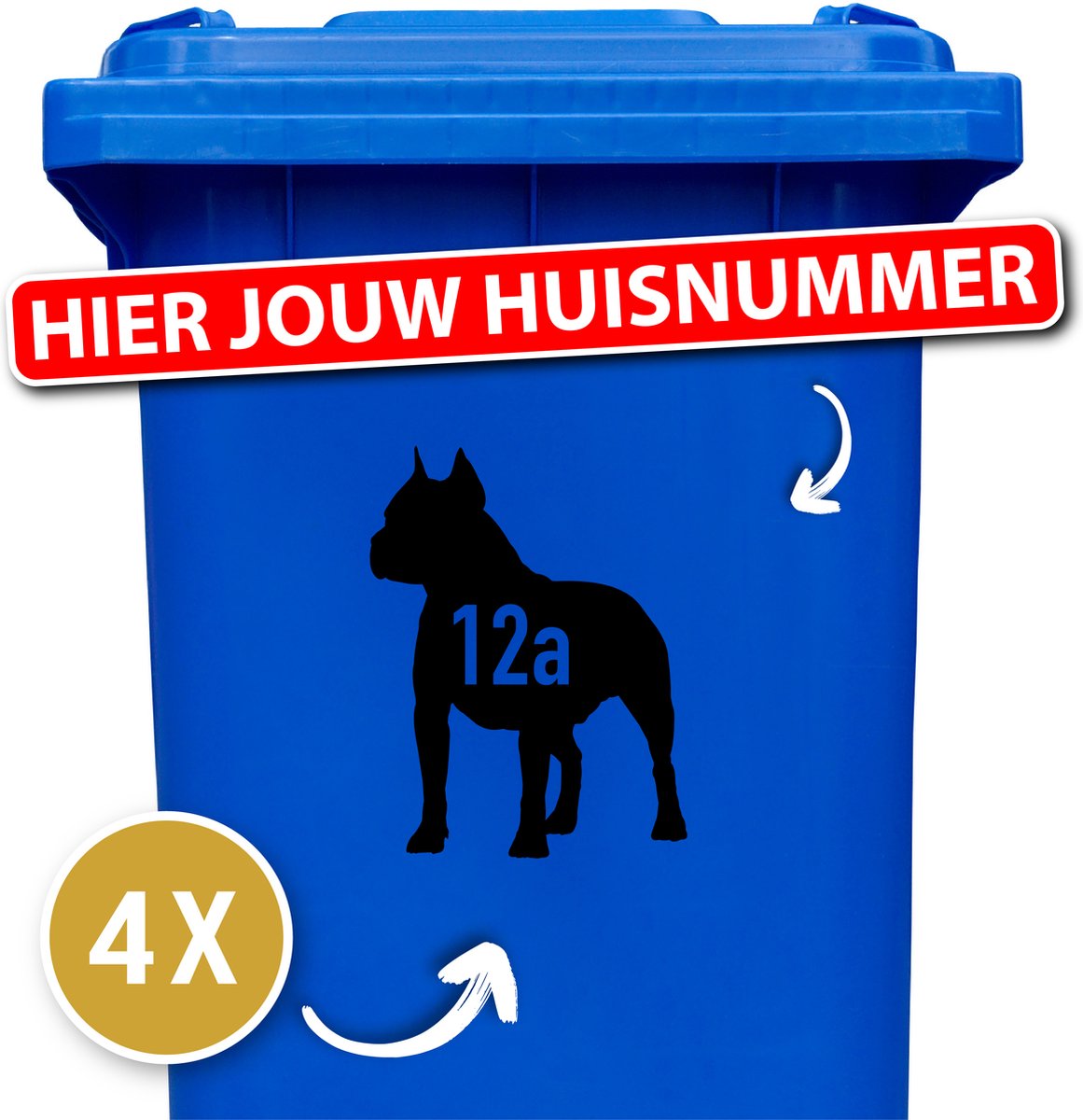 Container sticker - klikostickers - kliko sticker voordeelset - 4 stuks - Amerikaanse Stafford - container sticker huisnummer - zwart