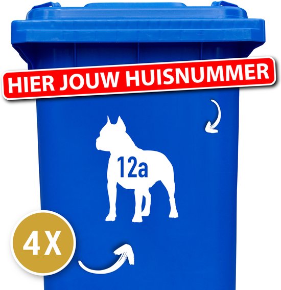 Container sticker - klikostickers - kliko sticker voordeelset - 4 stuks - Amerikaanse Stafford - container sticker huisnummer - wit - vuilnisbak stickers - container sticker hond - cadeau