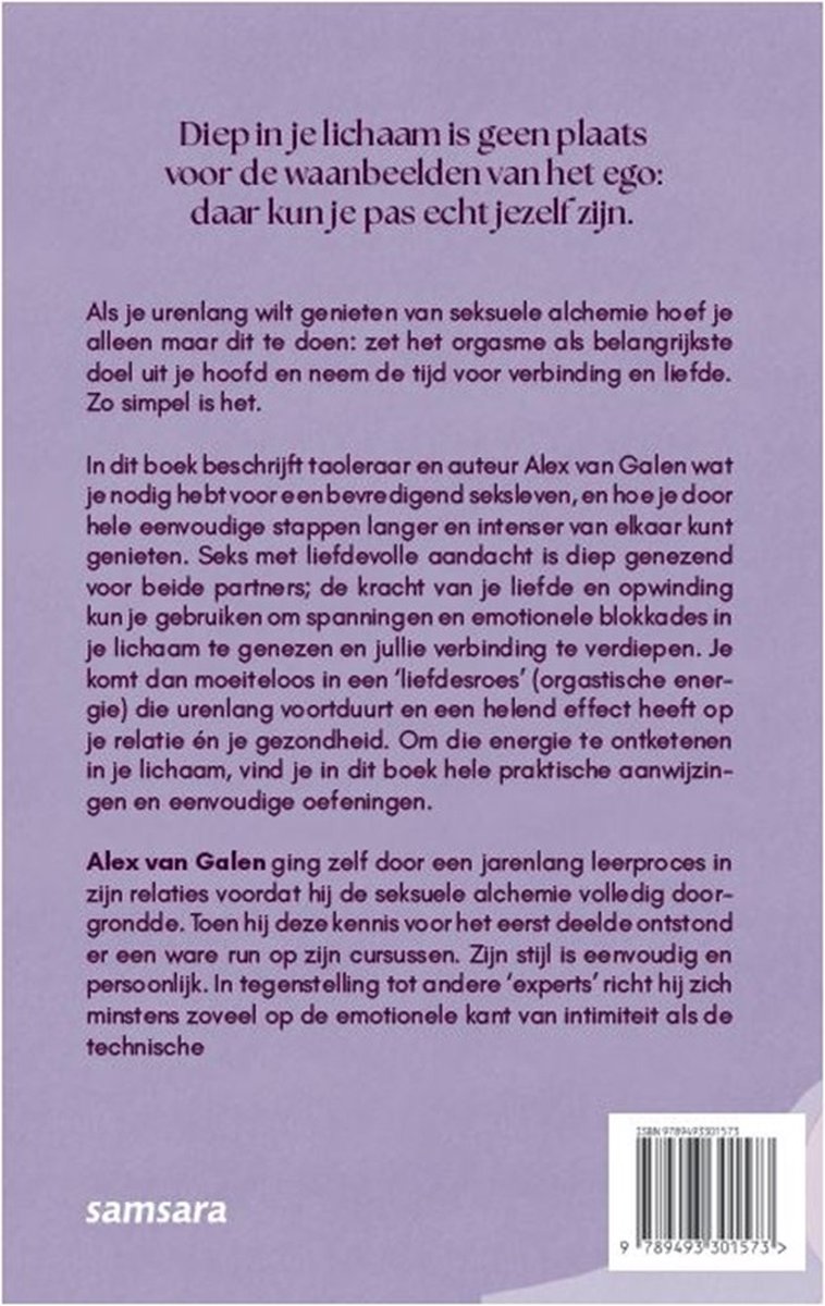 Achterkant van het boek 'Taoïstische geheimen van seksuele alchemie' met tekst over de inhoud en informatie over de auteur Alex van Galen.