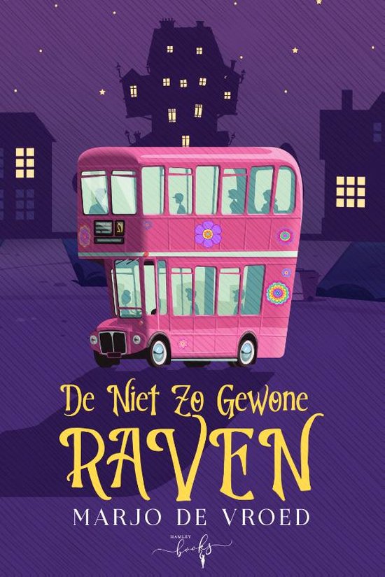Roze dubbeldekker bus met op de zijkanten bloemmotieven. De titel 'De Niet Zo Gewone RAVEN' staat groot op de voorkant.