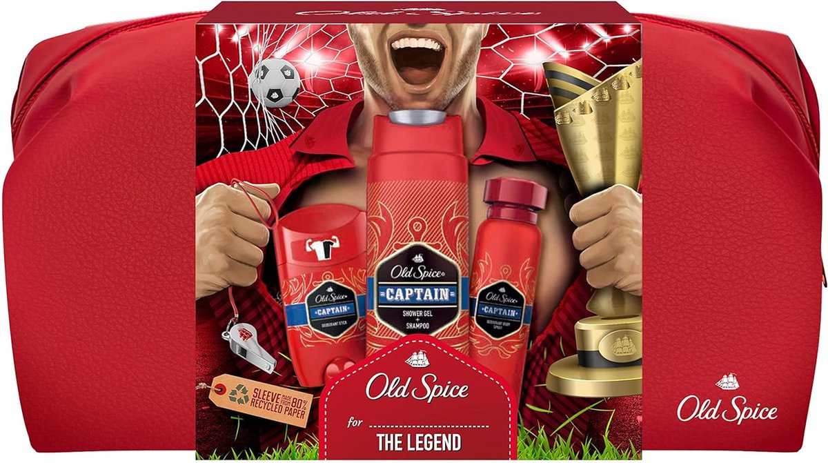 Goedkoopste Old Spice Footballer Toilettas Cadeauset voor Mannen - Captain Deodorant Stick 50 ml - Deodorant Body Spray 150 ml & Shower Gel 250 ml