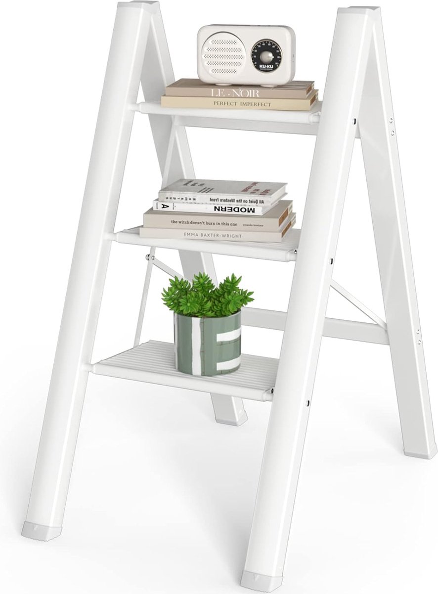 3-traps ladder, aluminium trapladder met breed antislippedaal, ladder met een capaciteit van 150 kg, draagbare opvouwbare trapladder voor huishoudelijk kantoor, wit