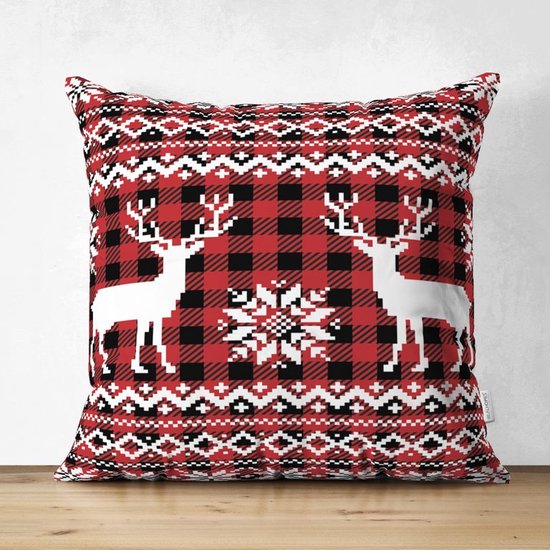 Velvet Kussenhoesjes - 45x45 cm - Rendieren op rode plaid - Kerst Decoratie