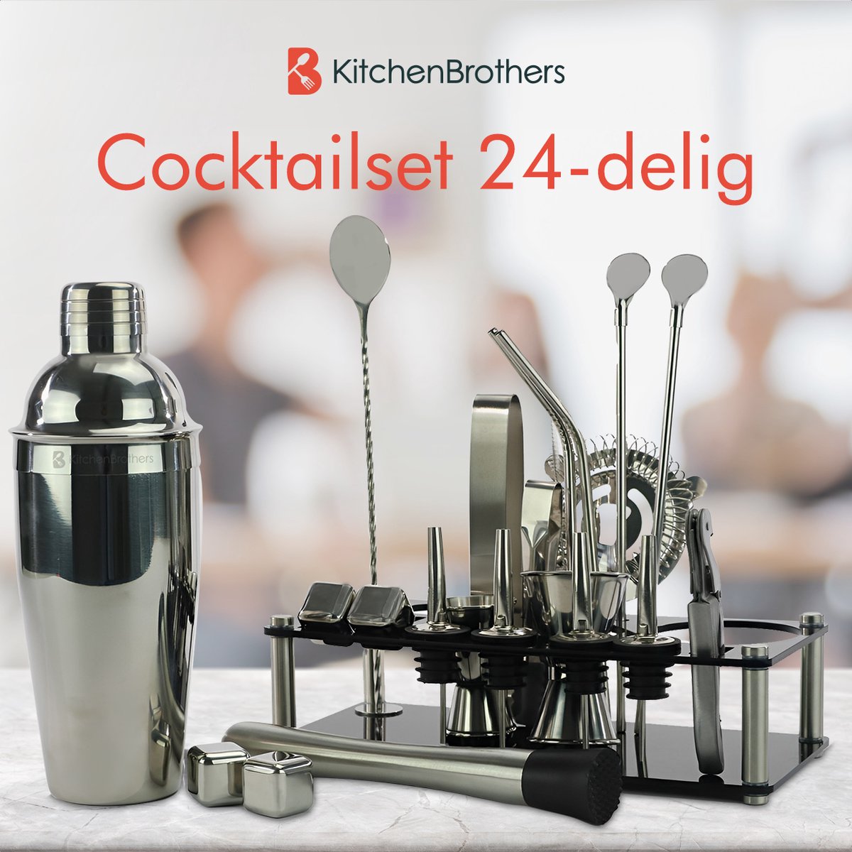 KitchenBrothers Cocktail Set - 24 delig - Inclusief Cocktail Shaker (750ml) - Compleet voor Cocktailbar - Zwart/Acryl - Cocktailset - BPA-Vrij - Met Receptenboekje - Cadeauverpakking — cadeau in Kookcadeaus - foto 2
