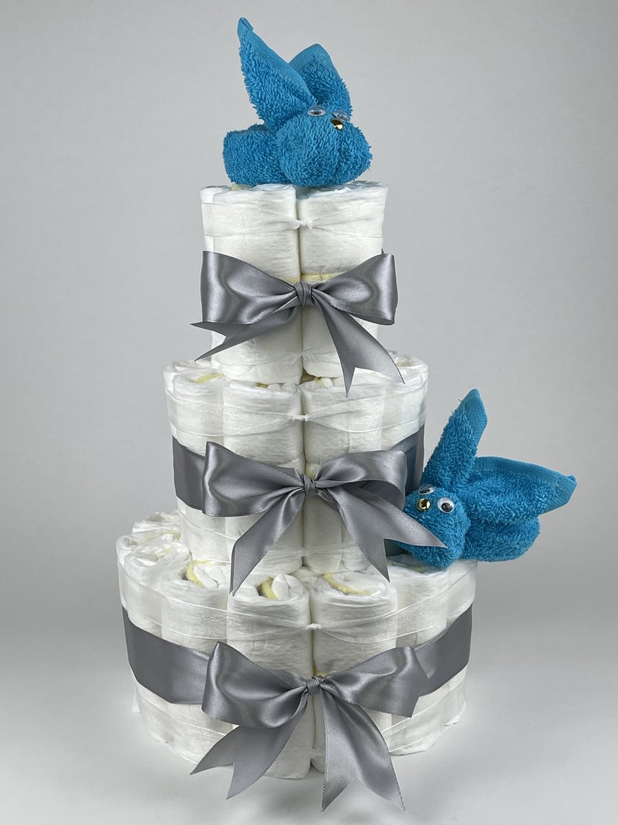 Chouette-Chouette | Luiertaart Jongen | Kraamcadeau | Geboorte Jongen | Babyshower | Konijnen Aqua blauw - Grijs