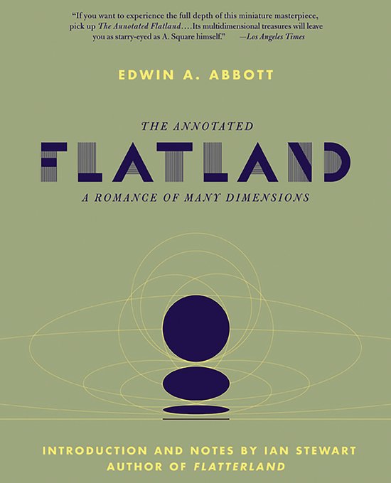 Couverture de livre pour "The Annotated Flatland" par Edwin A. Abbott avec un motif de cercle violet et des lignes elliptiques.