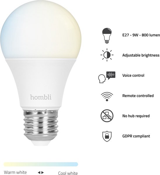 Hombli slimme lamp, E27 - 9W - 800 lumen. Iconen voor instelbare helderheid, stembediening, afstandsbediening, geen bridge nodig, GDPR conform.