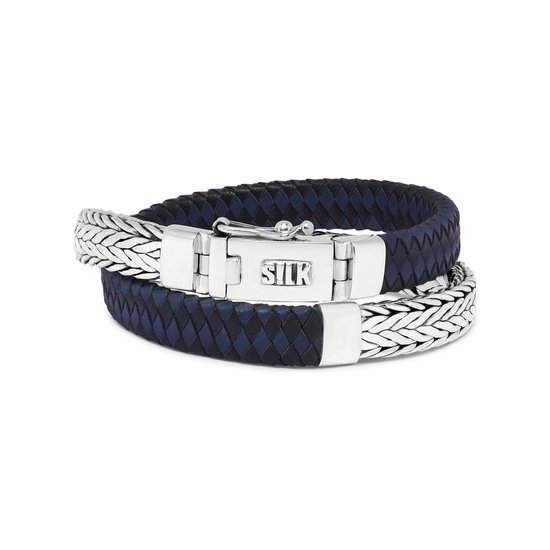 SILK Jewellery - Zilveren Wikkelarmband - 362BBU.22 - blauw/zwart leer - Maat 22