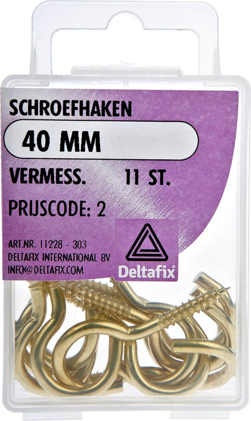 Pack van 11 messing schroefhaken van 40 mm.