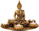 Boeddha beeldje met 5 kaarshouders op schaal - kunststeen - goud - 27 x 20 cm - deco artikel