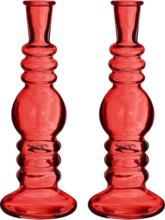 Kaarsen kandelaar Florence - 2x - koraal rood glas - helder - D8,5 x H23 cm