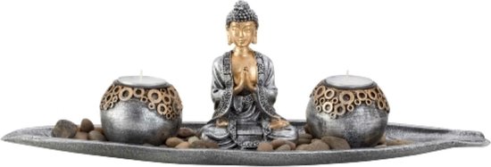 Boeddha decoratie beeldje met 2 kaarshouders op schaal - kunststeen - zilver/bruin - 30 x 11 cm