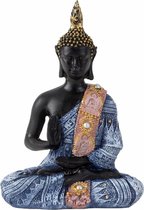 Boeddha beeldje zittend - binnen/buiten - kunststeen - zwart/blauw - 15 x 10 cm