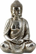 Boeddha beeldje zittend - binnen/buiten - kunststeen - zilver - 48 x 31 cm