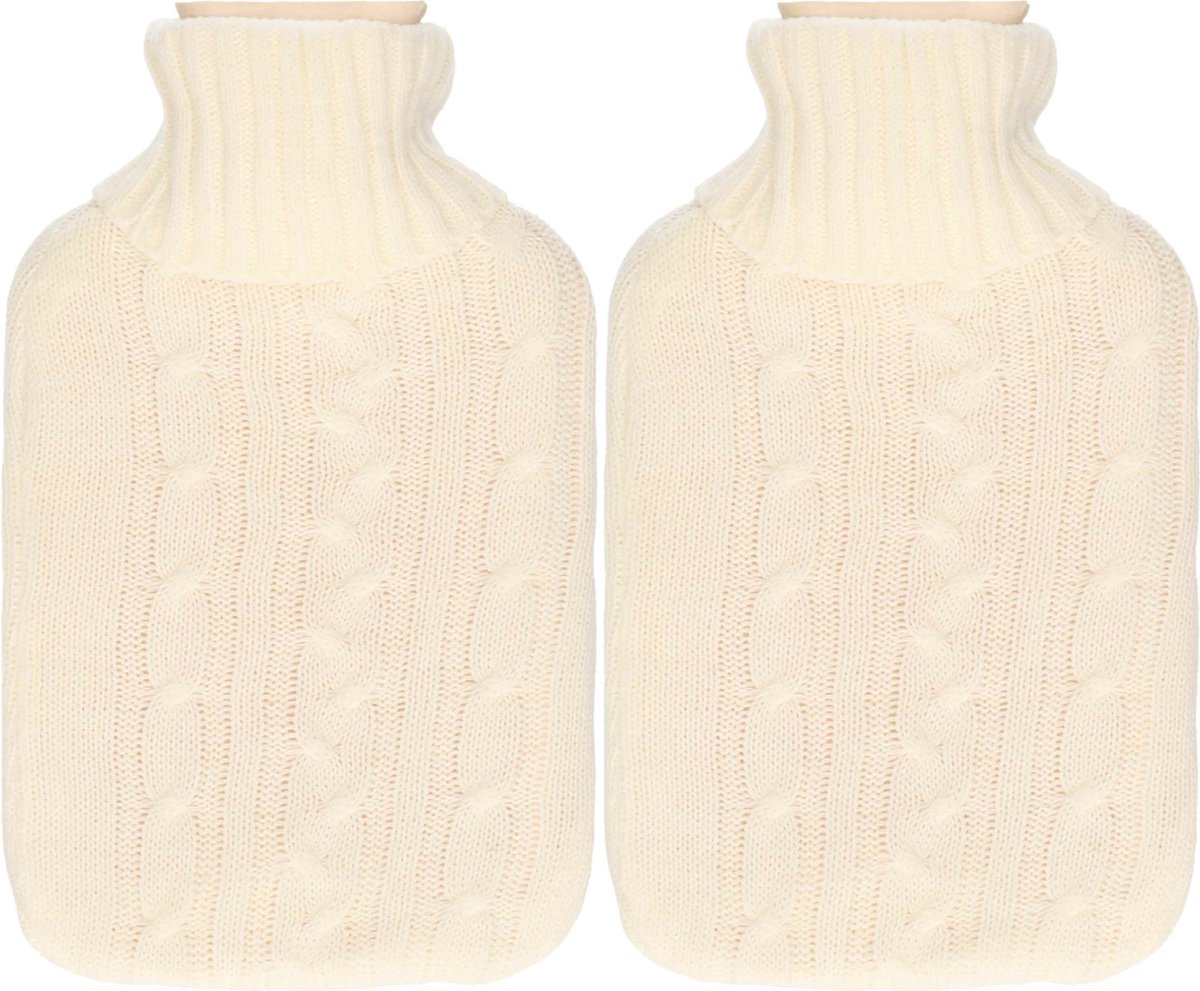 H&S Collection Warmwaterkruik - 2x - met zacht gebreide hoes - warm wit - 1,75L - kruik