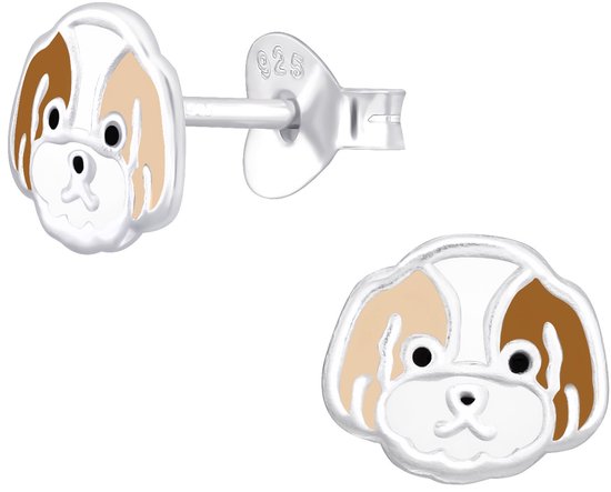 Joy|S - Zilveren hond oorbellen - 8 x 7 mm - bruin wit - kinderoorbellen