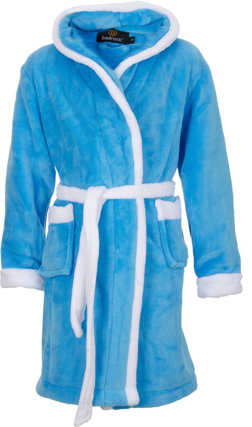 Badjas capuchon aqua blauw - fleece badjas kind - ochtendjas kind - warm & zacht - meisje & jongen - Badrock - maat (14-16 jaar) 164-176