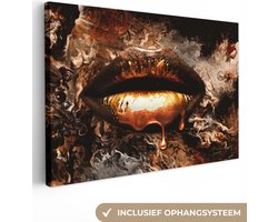 Canvas schilderij - Gouden lippen 140x90 - Kamer decoratie accessoires abstract - Goud kunst schilderijen woonkamer - Wanddecoratie slaapkamer - Muurdecoratie keuken - Wanddoek interieur binnen - Woondecoratie huis - Woonaccessoires