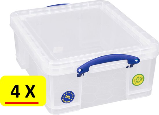 4 x Really Useful Box opbergdoos - Opbergbox met deksel 18 liter - Transparant
