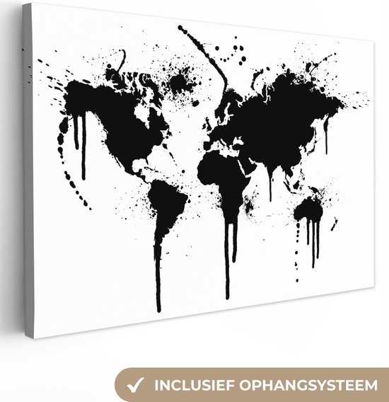 Wereldkaart zwarte inkt canvas | Wereldkaart Canvas Schilderij