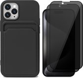 Hoesje Pasjeshouder geschikt voor iPhone 15 Pro - 2x Privacy Screenprotector FullGuard - Siliconen Case Back Cover Zwart & Screen Protector
