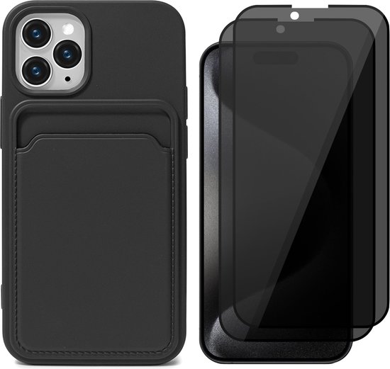 Hoesje Pasjeshouder geschikt voor iPhone 15 Pro - 2x Privacy Screenprotector FullGuard - Siliconen Case Back Cover Zwart & Screen Protector