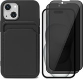 Hoesje Pasjeshouder geschikt voor iPhone 15 Plus - 2x Privacy Screenprotector FullGuard - Siliconen Case Back Cover Zwart & Screen Protector