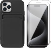 Hoesje Pasjeshouder geschikt voor iPhone 15 Pro - 2x Screenprotector GlassGuard - Siliconen Case Back Cover Zwart & Screen Protector
