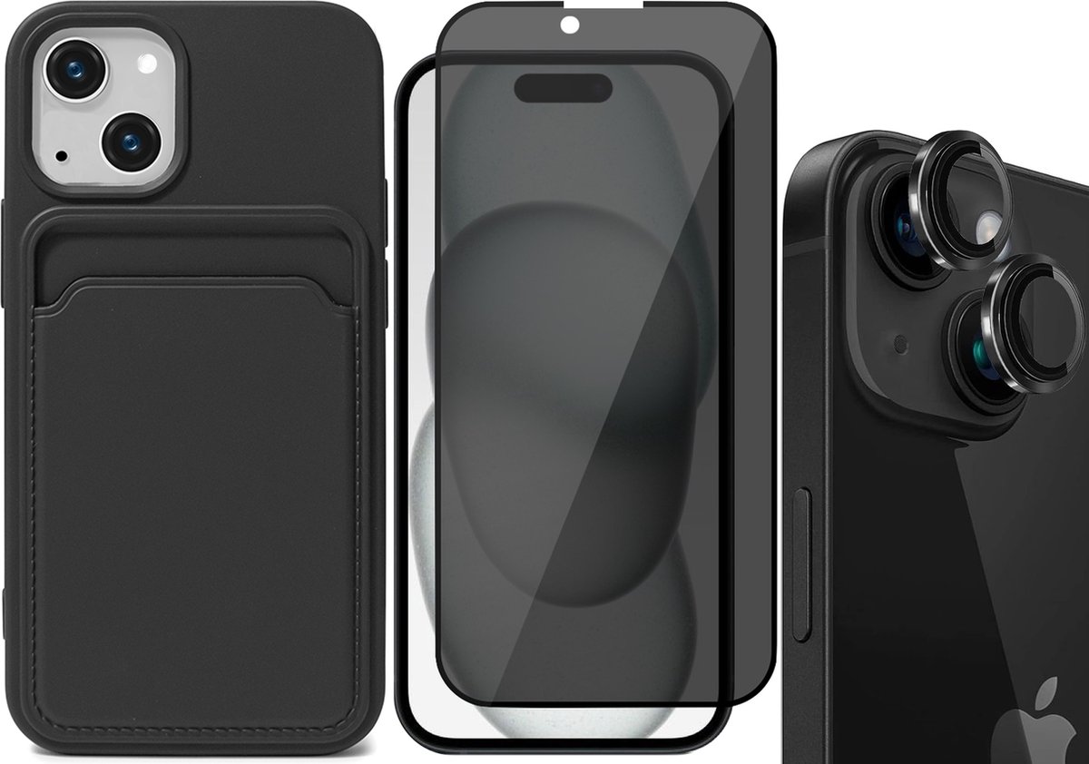Hoesje Pasjeshouder geschikt voor iPhone 15 Plus - Privacy Screenprotector FullGuard + Camera Lens Screen Protector Zwart - Siliconen Case Back Cover Zwart