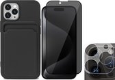 Hoesje Pasjeshouder geschikt voor iPhone 15 Pro Max - Privacy Screenprotector FullGuard + Camera Lens Screen Protector - Siliconen Case Back Cover Zwart