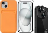 Hoesje Pasjeshouder geschikt voor iPhone 15 - Screenprotector FullGuard + Camera Lens Screen Protector Zwart - Siliconen Case Back Cover Oranje