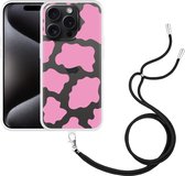 Cazy Hoesje met koord geschikt voor iPhone 15 Pro Roze Koeienvlekken