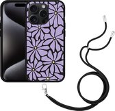 Cazy Hoesje met koord Zwart geschikt voor iPhone 15 Pro Abstracte Paarse Bloemen