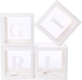 Quatre blocs de ballons de lettres transparents Fille blanche - boîte à ballons - cube de ballons - fille - révélation de genre - baby shower