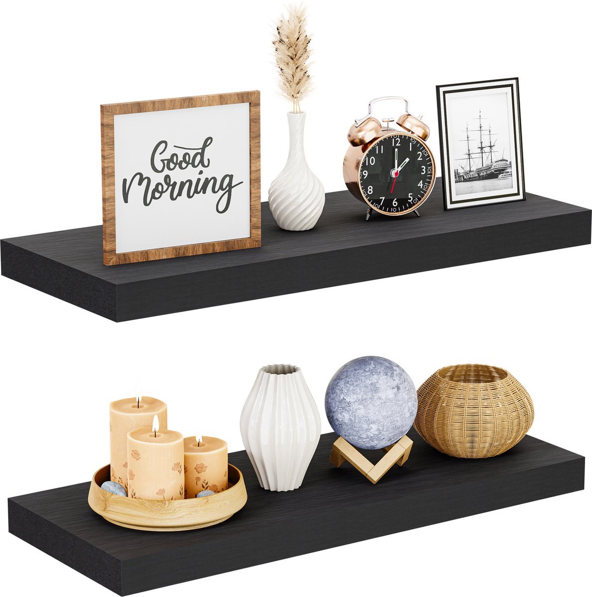 Nolad® Wandplank 2-Delig - Wandrek - Boekenplank - Industrieel - Zwevend - 60 x 23.6 x 3.5cm - Inc bevestigingmaterialen - Zwart