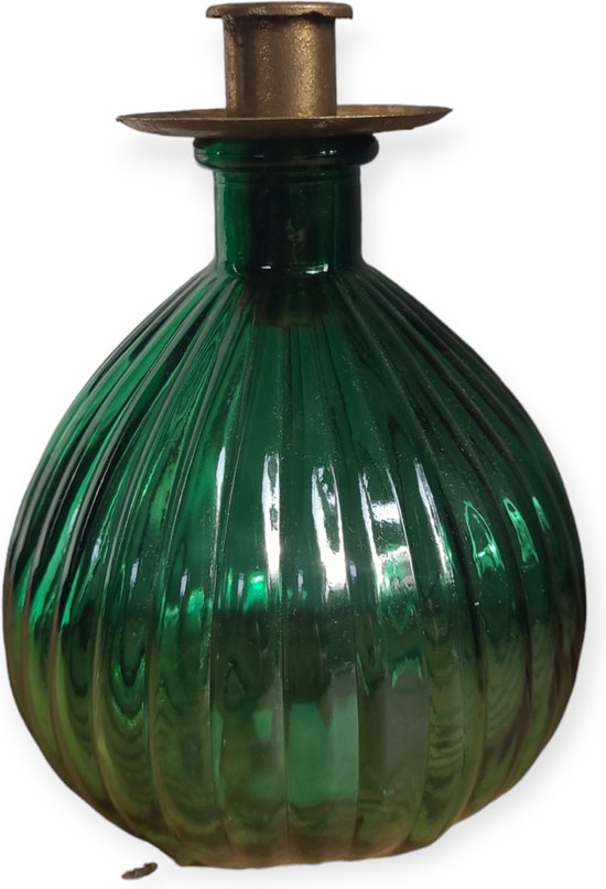 Spant7 - Flesje met Kaarsenhouder - Groen Glas - Goud Metaal - 18 cm hoog