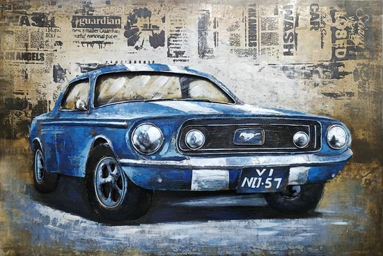 Metalen 3D schilderij Ford Mustang blauw 80 cm x 120 cm - schilderij - metal - muurdecoratie - wall - deco - kunst - wanddecoratie - metaal - wandschilderij - decoratief - interieur - cadeau - geschenk - gift - verjaardag - kerst - nieuwjaar