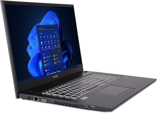Zwarte Terra laptop met verlicht toetsenbord en Windows 11 op het scherm, met diverse aansluitingen zichtbaar.