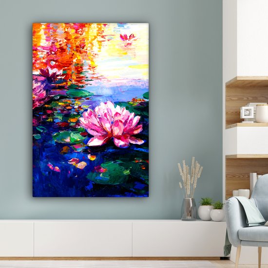 Toile - Peinture à l'huile - Fleurs - Water - Lys - Soleil - 80x120 cm - Décoration murale