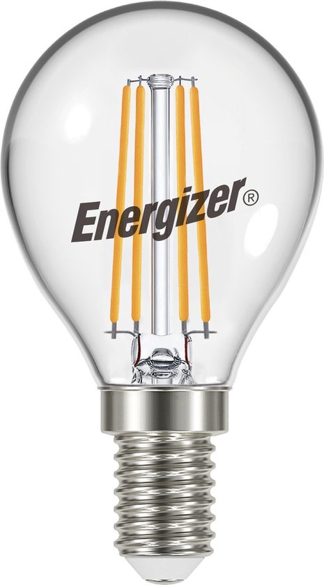 Lampe LED Energizer forme globe avec globe transparent et filaments apparents, culot E14.