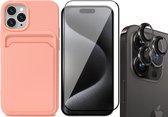Hoesje Pasjeshouder geschikt voor iPhone 15 Pro Max - Screenprotector FullGuard + Camera Lens Screen Protector Zwart - Siliconen Case Back Cover Roze