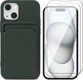 Hoesje Pasjeshouder geschikt voor iPhone 15 - 2x Screenprotector GlassGuard - Siliconen Case Back Cover Groen & Screen Protector