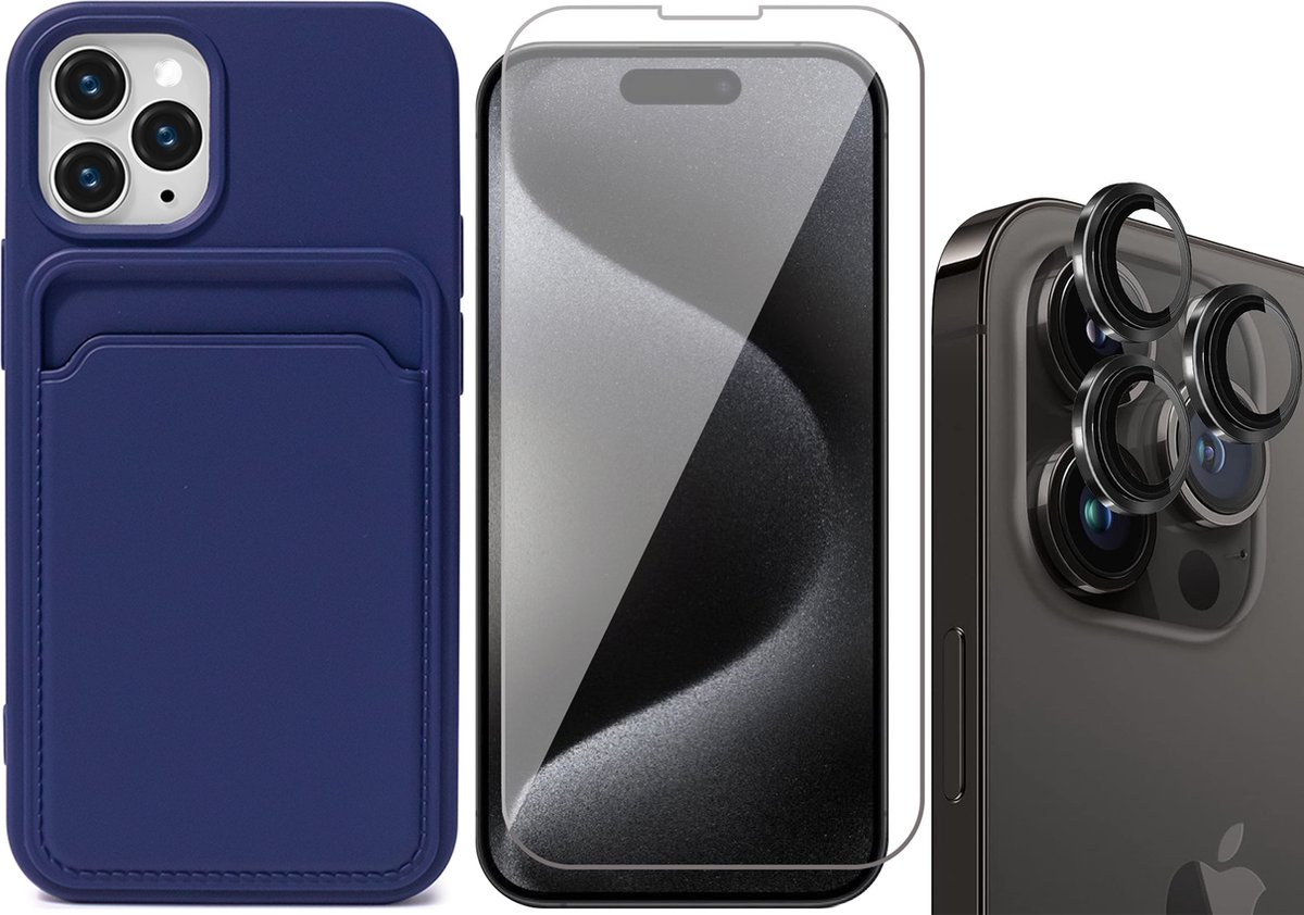 Hoesje Pasjeshouder geschikt voor iPhone 15 Pro - Screenprotector GlassGuard + Camera Lens Screen Protector Zwart - Siliconen Case Back Cover Blauw