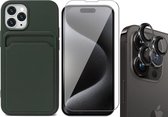 Hoesje Pasjeshouder geschikt voor iPhone 15 Pro - Screenprotector GlassGuard + Camera Lens Screen Protector Zwart - Siliconen Case Back Cover Groen
