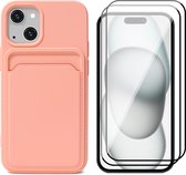 Hoesje Pasjeshouder geschikt voor iPhone 15 - 2x Screenprotector FullGuard - Siliconen Case Back Cover Roze & Screen Protector
