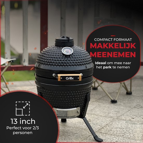 GrillX Kamado BBQ - 13 Inch - Incl. Hoes - Barbecue Egg - Houtskool Barbecue - Zwart - Ø 27cm - GrillX