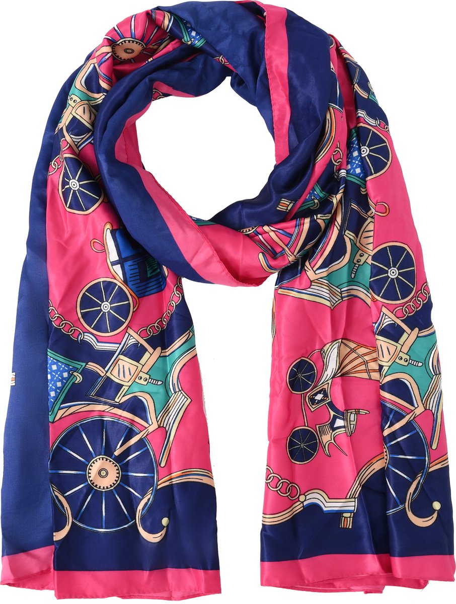 Nouka Blauwe & Roze Dames Sjaal– Satijnen Gevoel - Warme & Lichte Sjaal – met Print –Alle Seizoenen – 70 x 180 cm