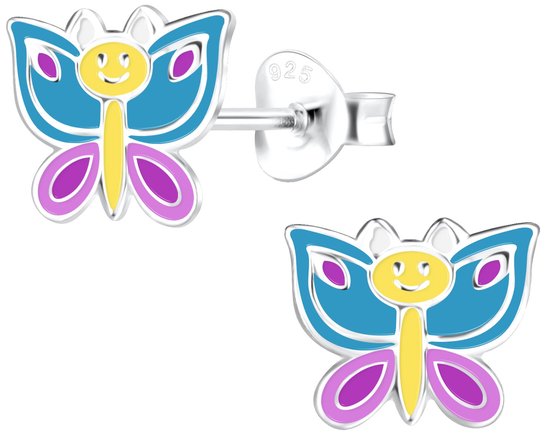 Joy|S - Zilveren vlinder oorbellen - 8 x 7 mm - blauw paars geel